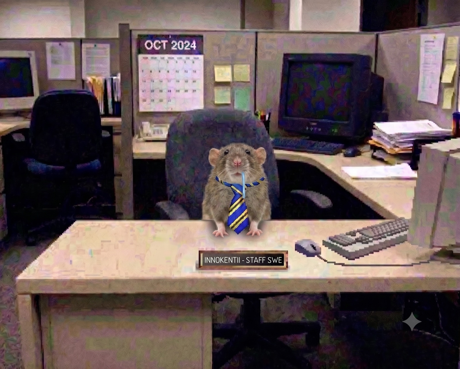 A rat in a striped tie sitting at a 1990s office cubicle desk, behind a nameplate reading INNOKENTII - STAFF SWE